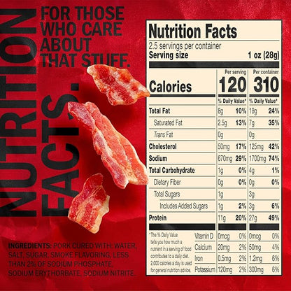 Jack Link's Bacon Jerky, Hickory Smoked - Flavorful Ready to Eat Meat Snack with 11g of Protein per Serving, Made with 100% Thick Cut Real Bacon, Protein Snack, Keto Friendly, 2.5 oz.