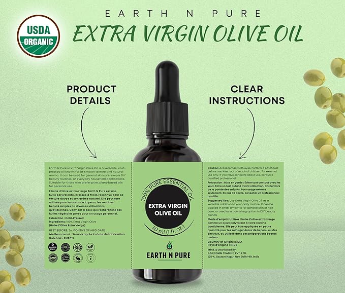 Earth N Pure Extra Virgin Olive Oil (Jaitun Oil) Cold Pressed, Natural, Therapeutic Grade 100 ml