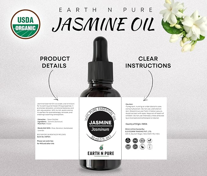 Earth N Pure Jasmine Essential Oil for Aromatherapy with Glass Dropper| 15 ML