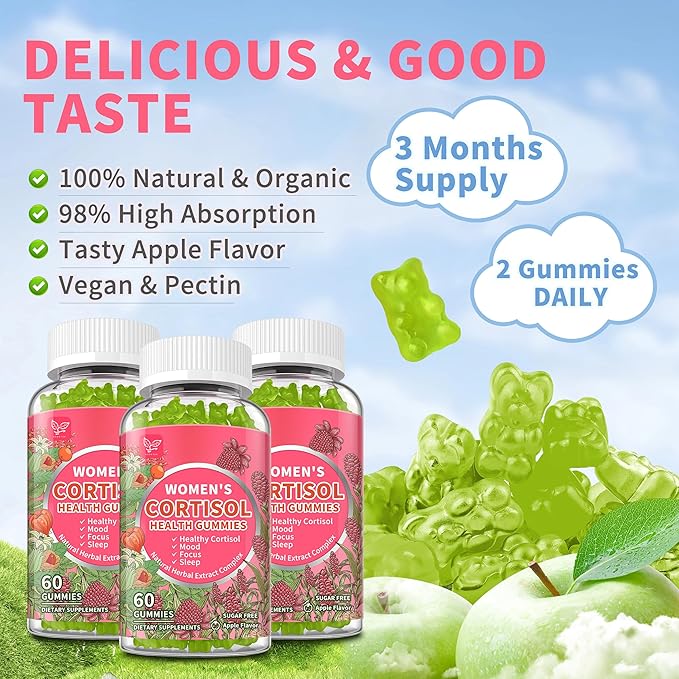 Cortisol Gummies for Women,Cortisol Manager with Ashwagandha,Magnesium,L-theanine,Phosphatidylserine,Rhodiola Rosea,Black Pepper for Mood Support,Adrenal Balance,Sleep,Vegan,Apple Flavor,180 Count
