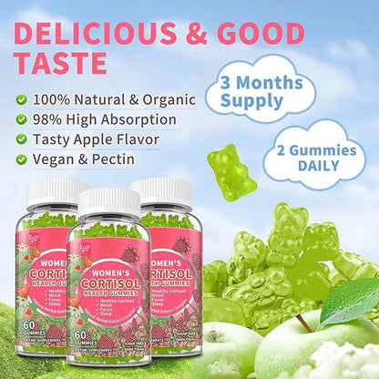 Cortisol Gummies for Women,Cortisol Manager with Ashwagandha,Magnesium,L-theanine,Phosphatidylserine,Rhodiola Rosea,Black Pepper for Mood Support,Adrenal Balance,Sleep,Vegan,Apple Flavor,180 Count