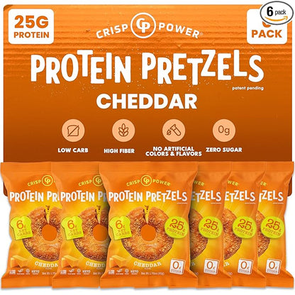 CRISP POWER Protein Pretzels, NEW Cheddar, 25G Protein, High Protein Snack, High Fiber, Low Carb Crunchy Pretzel Snacks, No Added Sugar, 1.75 oz Bags, 6 Pack, Vegan, Keto