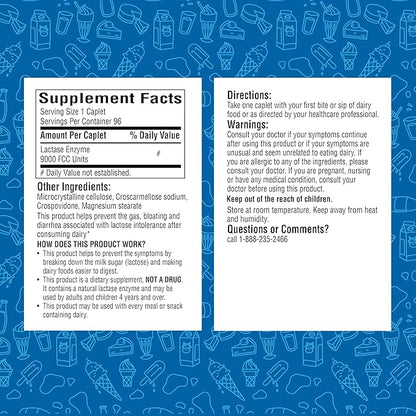 A+Health Dairy Relief Lactase Enzyme 96 Count, 9000 FCC Caplets, Fast Acting, Dye-Free, Dietary Supplement, Helps Prevent Gas, Bloating, Diarrhea Associated with Lactose Intolerance