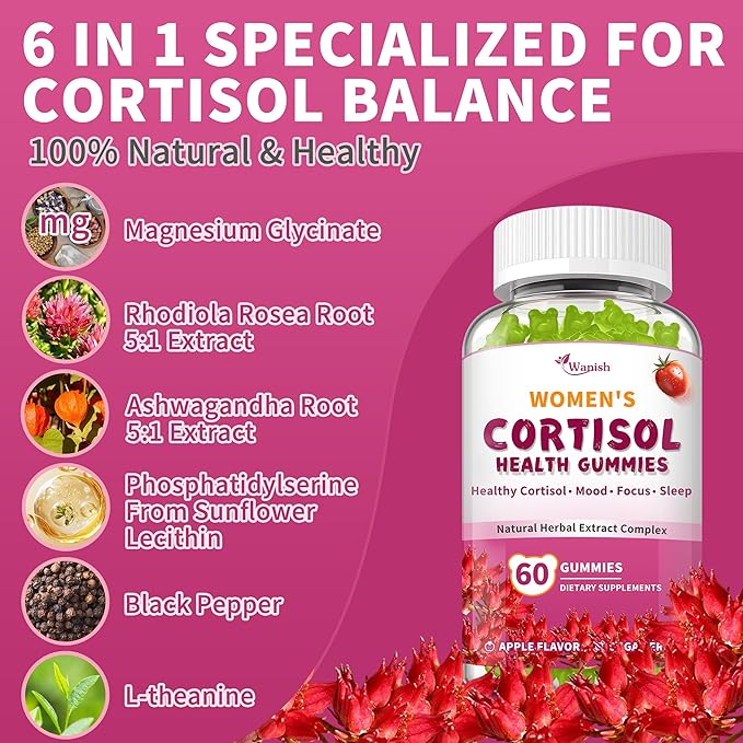 Cortisol Gummies For Women- Promote Relaxation and Support Mood- Natural Ingredients with Ashwagandha, Rhodiola Rosea, etc. Cortisol Manager Gummies for Adrenal Support,Vegan,Apple Flavor,180 Count