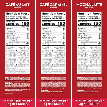 Atkins Coffee Lovers Protein Shake Variety Pack, Mocha Latte, Café Caramel and Café au Lait Flavored Protein Shakes, 15g Protein, 3g Fiber, GLP-1 Friendly, 12 Count