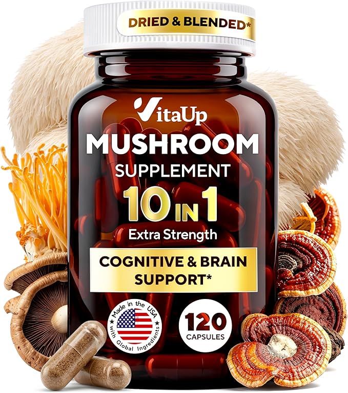 VitaUp Mushroom Supplement - USA Made 10 in 1 Mushroom Complex - Mushroom Capsules with Lions Mane, Cordyceps, Turkey Tail, Reishi, Shiitake for Cognitive & Immune Support - 120 Count