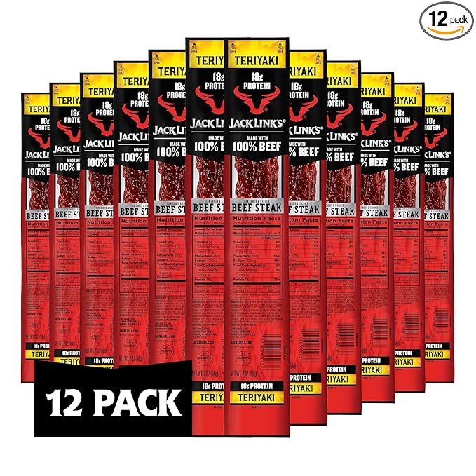 Jack Link's Teriyaki Beef Steaks - Ready to Eat Real Meat Protein Snacks - 18g Protein per Serving - Made with 100% Real Beef - (12 Pack) 2 oz Meat Snacks