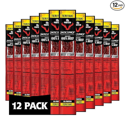 Jack Link's Teriyaki Beef Steaks - Ready to Eat Real Meat Protein Snacks - 18g Protein per Serving - Made with 100% Real Beef - (12 Pack) 2 oz Meat Snacks