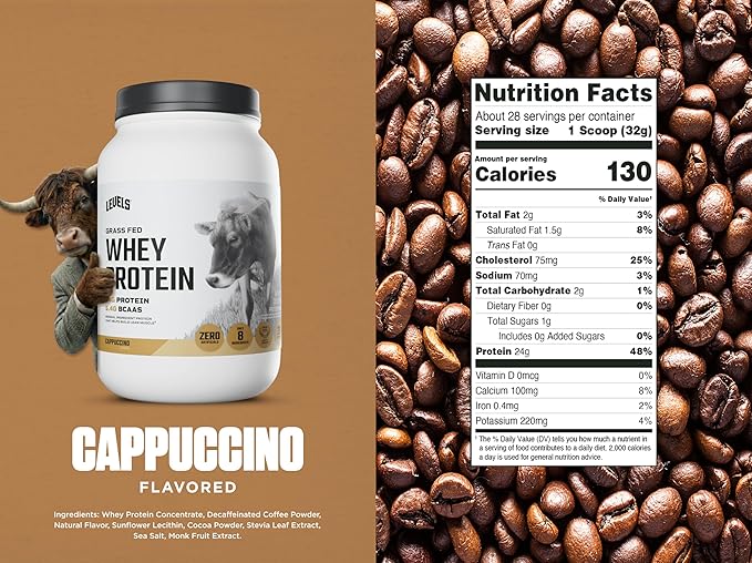 Levels Grass Fed Whey Protein Powder, No Artificials, 24G of Protein, Cappuccino, 2LB