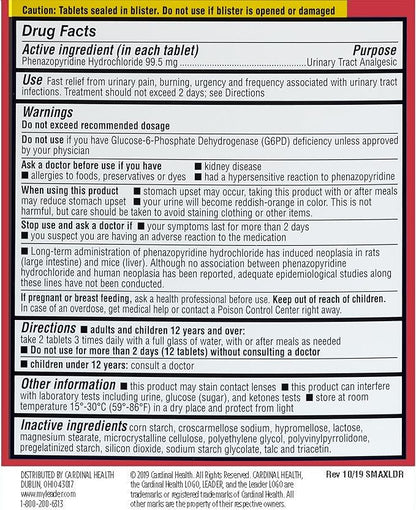 LEADER Urinary Pain Relief Maximum Strength, Fast Relief of UTI Pain, Burning & Urgency, Urinary Tract Infection, Phenazopyridine Hydrochloride 99.5 mg, 12 Tablets