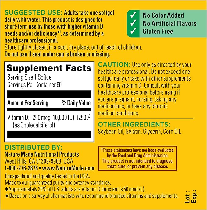 Nature Made Vitamin D3 10000 IU (250 mcg) Maximum Strength, Vitamin D Supplement for Bone and Immune Health Support, 60 Softgels, 60 Day Supply