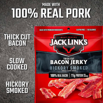 Jack Link's Bacon Jerky, Hickory Smoked - Flavorful Ready to Eat Meat Snack with 11g of Protein per Serving, Made with 100% Thick Cut Real Bacon, Protein Snack, Keto Friendly, 2.5 oz. (Pack of 4)