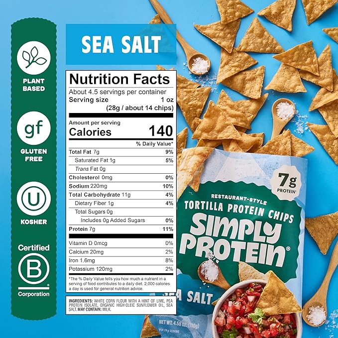 Simply Protein - Tortilla Chips, Restaurant Style Protein Chips, Sea Salt (3-Pack) - 7g Protein, 140 Calories, Gluten Free, Vegan - Plant Based Protein Snacks - Healthy Snacks - 3 Bags, 4.58oz (130g)