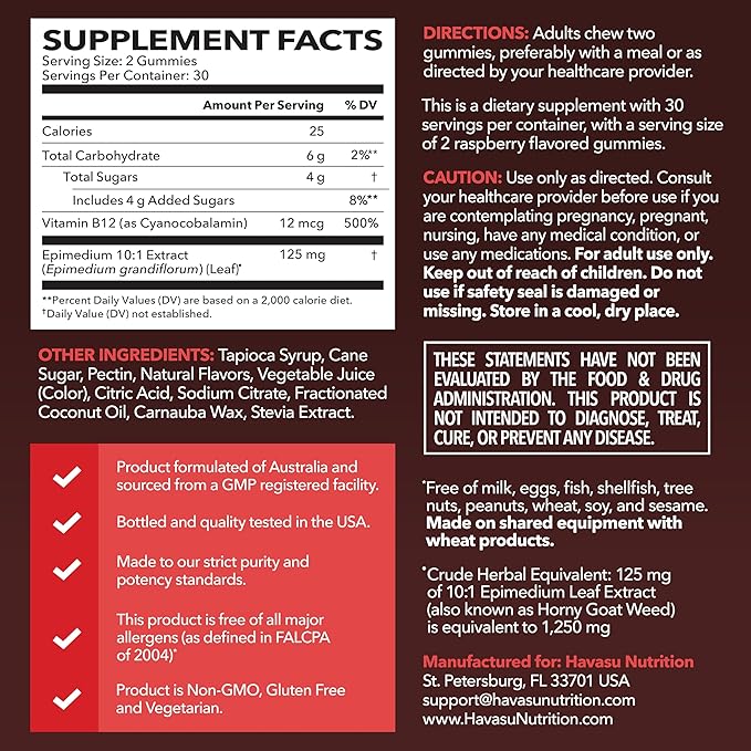 Horny Goat Weed Gummies with Vitamin B12 - Energy, Endurance & Performance Support for Male Health - 60 Count - Vegetarian-Friendly, Non-GMO, Pectin-Based - Raspberry Flavor, 1 Month Supply