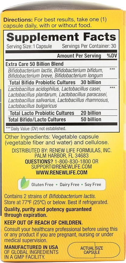 Renew Life Extra Care Digestive Probiotic Capsules, 50 Billion CFU Guaranteed, Daily Supplement Supports Immune, Digestive, Respiratory Health(1), L. Rhamnosus GG, Dairy, Soy and Gluten-Free, 30 Count