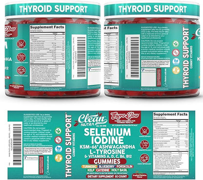 ThyroGlow Thyroid Support Gummies Selenium Iodine KSM 66 Ashwagandha L Tyrosine Vitamin D, C, B12, B6 Turmeric Blueberry Holy Basil Folate Bladderwrack By Clean Nutra