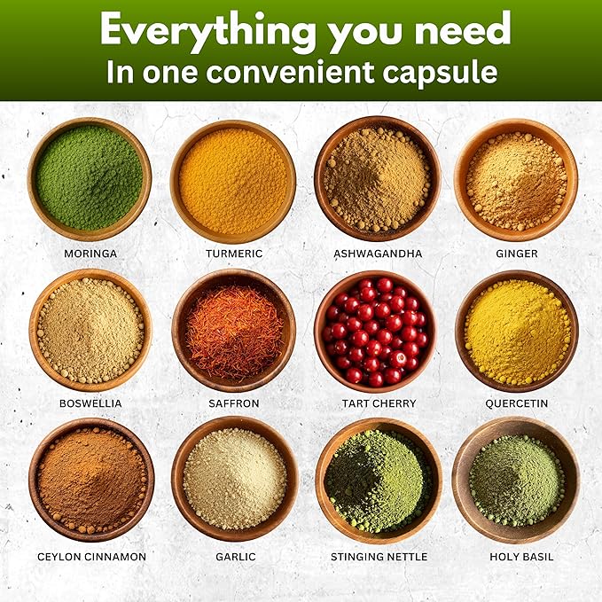 Turmeric Curcumin Moringa Supplement Ginger Boswellia Saffron - Joint Support Supplements for Women and Men with Ceylon Cinnamon, Tart Cherry, Quercetin Garlic Nettle Holy Basil - 120 Count