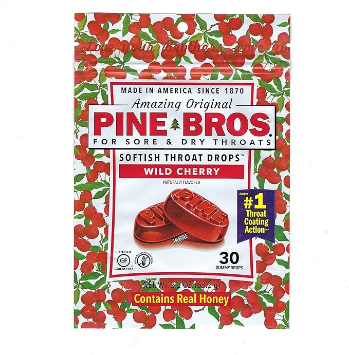Pine Bros. Gummy Sore Throat Softish Drops 30 Count (Wild Cherry)