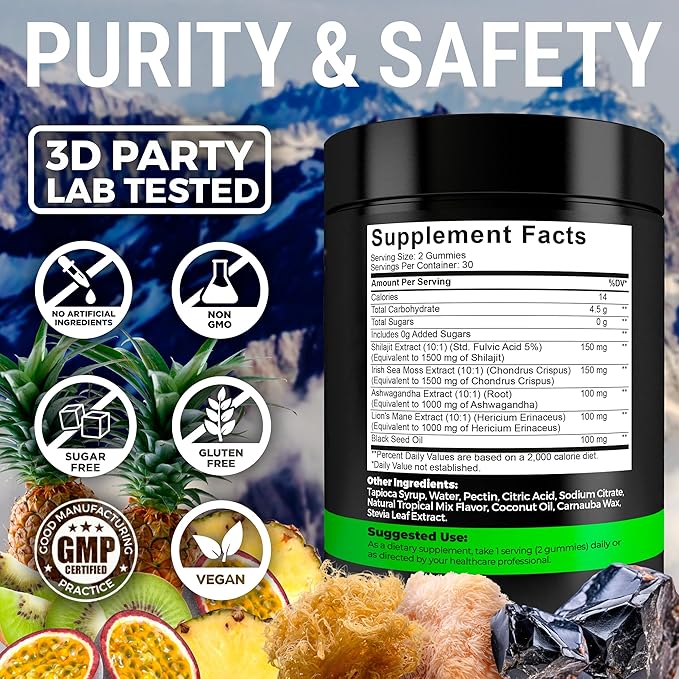 Organic Shilajit Gummies with Sea Moss Gummies - Shilajit Supplement for Immune Support - Pure Himalayan Shilajit and Ashwagandha with Sea Moss and Shilajit, Lion’s Mane Extract and Black Seed Oil