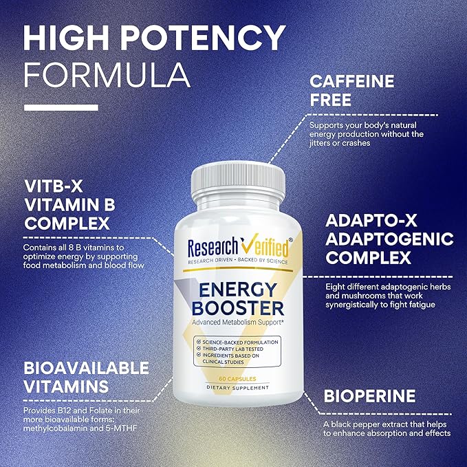 Research Verified Energy Booster - 180 Capsules - Caffeine Free - B Vitamins and Adaptogens - 3 Month Supply