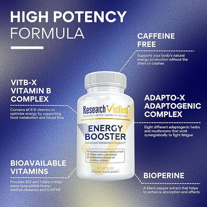 Research Verified Energy Booster - 180 Capsules - Caffeine Free - B Vitamins and Adaptogens - 3 Month Supply