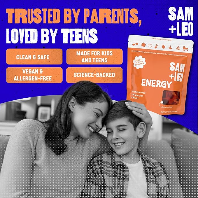 SAM+LEO Vitamin B Complex Gummies with Biotin for Kids & Teens - Caffeine-Free Focus & Energy Support Supplement Gummies | Vegan & Gluten Free Supplement - Strawberry Flavor (60 Count)
