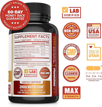 Zhou Cider Detox - Apple Cider Vinegar Capsules with Mother, Raw Natural ACV Pills for Women & Men, Herbal Complex Supplement with Turmeric & Cayenne Pepper - 60 Vegan Capsules