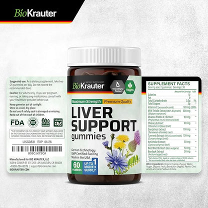 BIO KRAUTER® 9-in-1 Liver Detox with Vitamin C, Milk Thistle, Turmeric, Dandelion Root, Beet Root, Chanca Piedra for Liver Support - Vegan Liver Supplement, 60 Gummies, 30 Days of Supply - Non-GMO