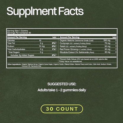 Organic Matcha & Mushroom Energy Gummies | Ceremonial Grade Matcha + Cordyceps, Reishi, Panax Ginseng & Rhodiola | Clean Sustained Energy, Focus & Stress Support | Vegan, Non-GMO