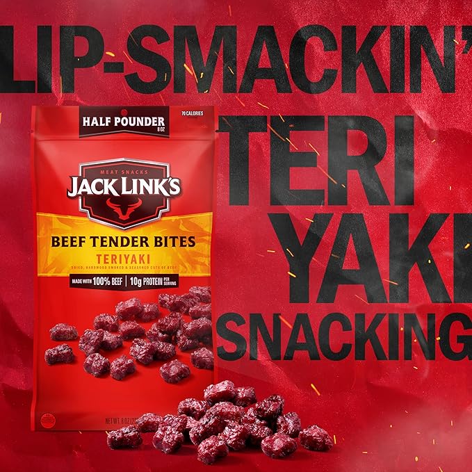 Jack Link's Beef Tender Bites, Teriyaki, Half Pounder Bag - Flavorful Meat Protein Snacks for Lunches, 10g of Protein and 70 Calories per Serving, Made with 100% Beef