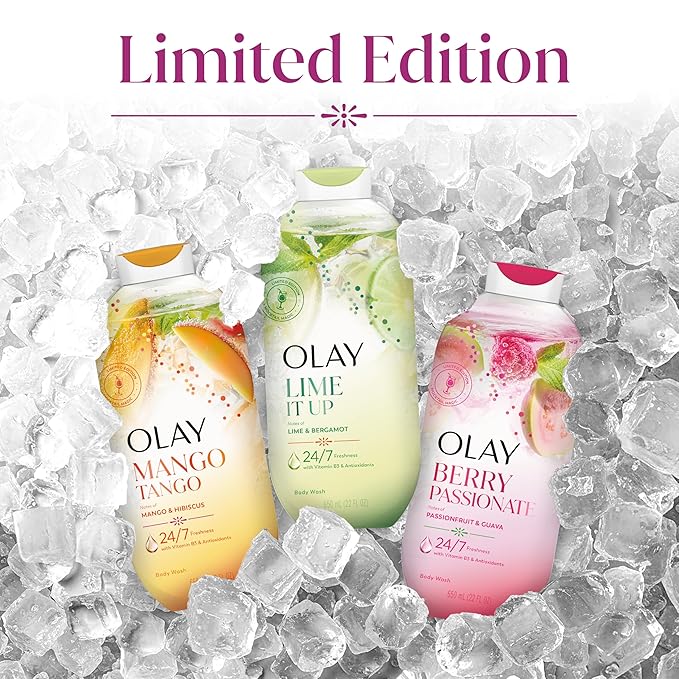 Olay Body Wash for Women, 24/7 Skin-Loving Freshness, Miami Mocktails, Plant Based Cleansers, Vitamin B3 & Antioxidant Blend, All Skin Types, Berry Passionate with Passionfruit & Guava Scent, 22 fl oz