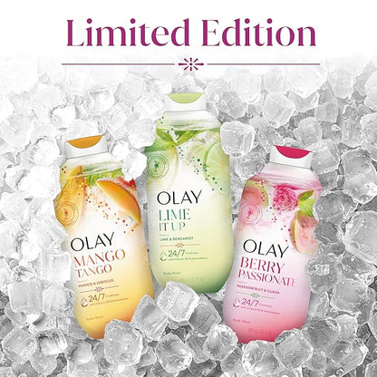 Olay Body Wash for Women, 24/7 Skin-Loving Freshness, Miami Mocktails, Plant Based Cleansers, Vitamin B3 & Antioxidant Blend, All Skin Types, Berry Passionate with Passionfruit & Guava Scent, 22 fl oz