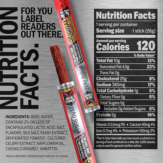 Jack Link's Original Zero Sugar Beef Sticks - 0.92 oz Meat Sticks - Ready to Eat Protein Snacks - 5g Protein per Serving - Made with 100% Real Beef,(Pack of 40)
