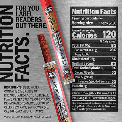 Jack Link's Original Zero Sugar Beef Sticks - 0.92 oz Meat Sticks - Ready to Eat Protein Snacks - 5g Protein per Serving - Made with 100% Real Beef,(Pack of 40)