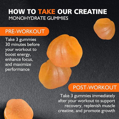 Creatine Monohydrate Gummies for Men & Women - 5g of Creatine Monohydrate per Serving - Sugar Free,Vegan, Orange Flavor, 135 Count (45 Servings).