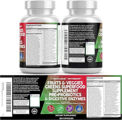 Clean Nutraceuticals Fruits and Veggies Supplement Reds & Green Superfood - Balance of Over 70 Fruit & Vegetable Supplements Capsules with Probiotics Prebiotics Digestive Enzymes - 120 Ct USA