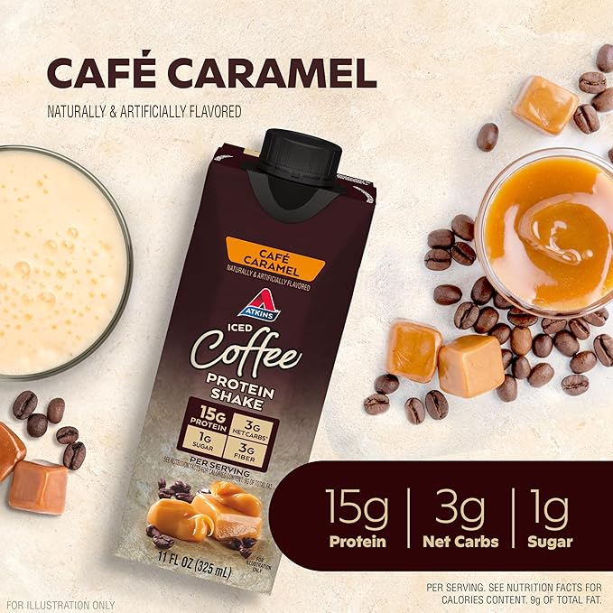 Atkins Café Caramel Iced Coffee Flavored Protein Shake, High Protein Shake, Low Glycemic, Carb and Low Sugar, Keto Friendly, Gluten Free (Pack of 24)