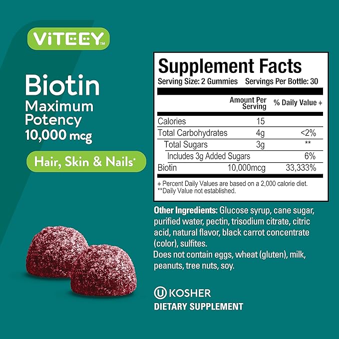 Viteey Biotin Gummies for Hair Skin and Nails - Biotin for Hair Growth Gummies - 10,000 mcg - Vegan, Gluten-Free, Non-GMO – 120 Count