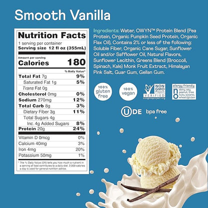 OWYN Only What You Need Smooth Vanilla Flavored Protein Shake, 20g Protein, 4g Sugar, 3g Fiber, Dairy Free, Plant Based Protein Drink 12 Count