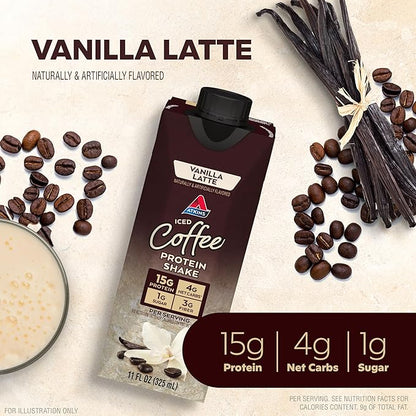 Atkins Iced Coffee Vanilla Latte Protein Shake, Coffee and Vanilla Flavored, 15g Protein, 4g Net Carbs, 1g Sugar, Low Carb, Keto Friendly, High Protein Shake, 12 Pack (11 fl. oz each)