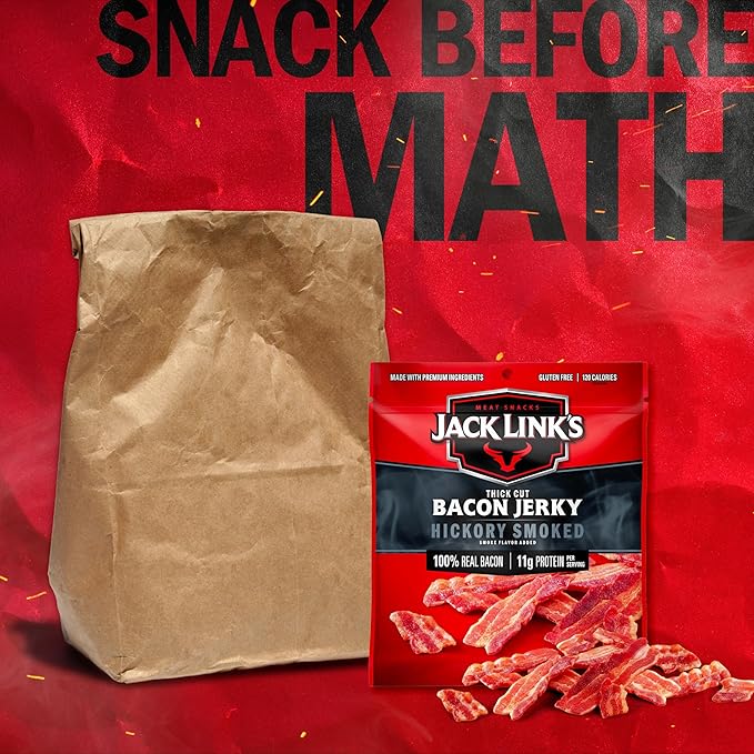 Jack Link's Bacon Jerky, Hickory Smoked - Flavorful Ready to Eat Meat Snack with 11g of Protein per Serving, Made with 100% Thick Cut Real Bacon, Protein Snack, Keto Friendly, 2.5 oz.