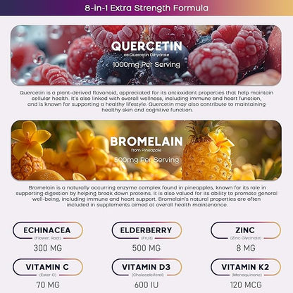 (3 Pack) Quercetin Gummies with Bromelain Zinc Elderberry Vitamin C D3 K2, Quercetin 1000mg Supplement with Bromelain 500mg for Cardiovascular, Immune System & Allergy, Vegan Gummy for Adult & Kid