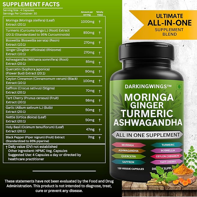 Turmeric Curcumin Moringa Supplement Ginger Boswellia Saffron - Joint Support Supplements for Women and Men with Ceylon Cinnamon, Tart Cherry, Quercetin Garlic Nettle Holy Basil - 120 Count