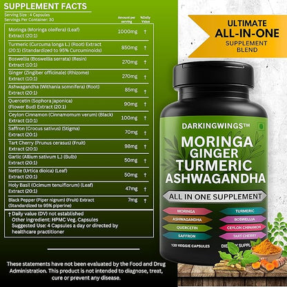 Turmeric Curcumin Moringa Supplement Ginger Boswellia Saffron - Joint Support Supplements for Women and Men with Ceylon Cinnamon, Tart Cherry, Quercetin Garlic Nettle Holy Basil - 120 Count