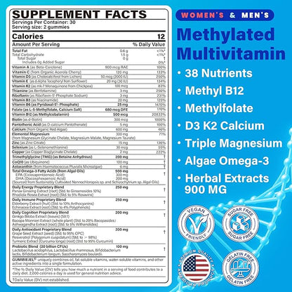 Methylated Multivitamin for Women & Men Gummies w/ Omega-3, Calcium, D3 K2, Methylfolate & B12, TMG, Daily Vitamin A, C, E, B Complex, Magnesium, CoQ10, Probiotic for Overall Health- Vegan, 2 Pack