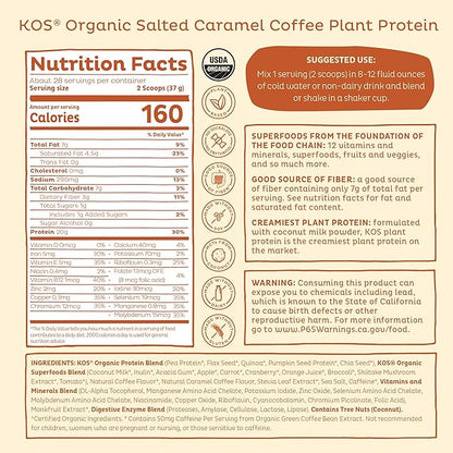 KOS Organic Vegan Protein Powder with 50mg Caffeine, Salted Caramel Coffee - Pea Protein Blend, Plant Based Superfood Rich in Vitamins & Minerals - Meal Replacement for Women & Men, 28 Servings