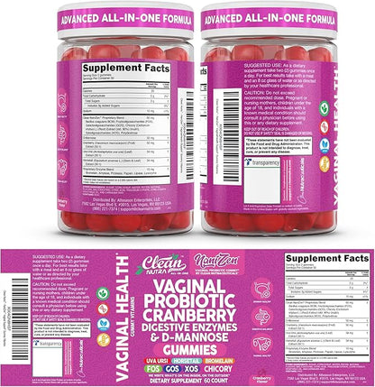 Clean Nutra Vaginal Probiotic Gummies for Women Cranberry Digestive Enzymes D Mannose Womens Probiotic Dmannose Horsetail Bromelain Chicory Fiber Feminine Care Prebiotics Inulin Papaya Enzyme Gummy