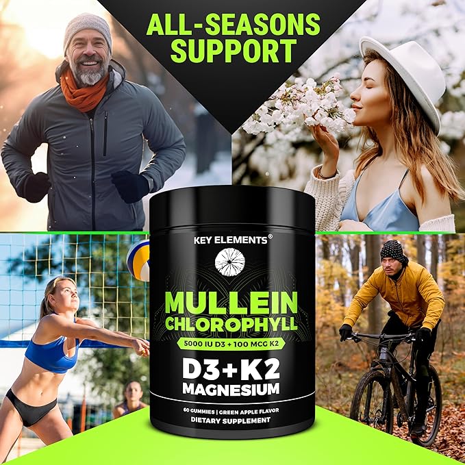 Mullein Gummies for Lung Support with Chlorophyll Magnesium, Vitamin D3 5000 IU & Vitamin K2 100 MCG - Mullein with Chlorophyll Gummies for Lung, Bone, & Immune Support – Vegan, Non-GMO, Gluten-Free
