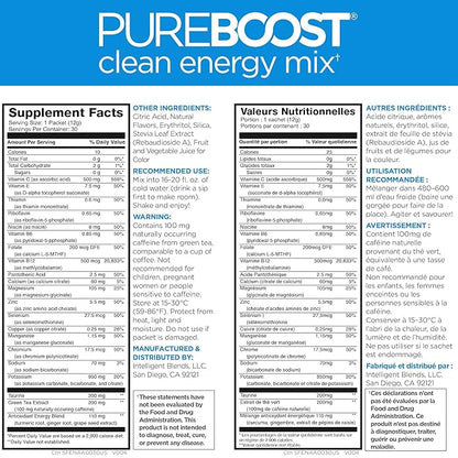 Pureboost Clean Energy Booster, Refreshing Energy Drink Mix with B12 Vitamins, Electrolytes, Antioxidants, Sugar-Free with No Sucralose (Combo Pack, 30 Count)
