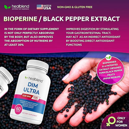 healblend DIM Ultra Dietary Supplement 350mg with Bioperine, Diindolylmethane, Estrogen Metabolism Support, Hormone Balance & PMS Relief, 60 Capsules (3)